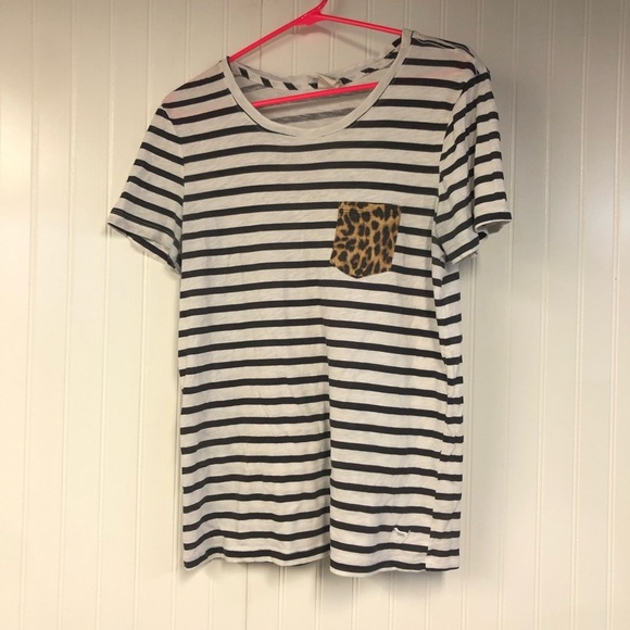 Victoria Secret Striped T-Shirt with Leopard Pocket Large - Picture 1 of 5